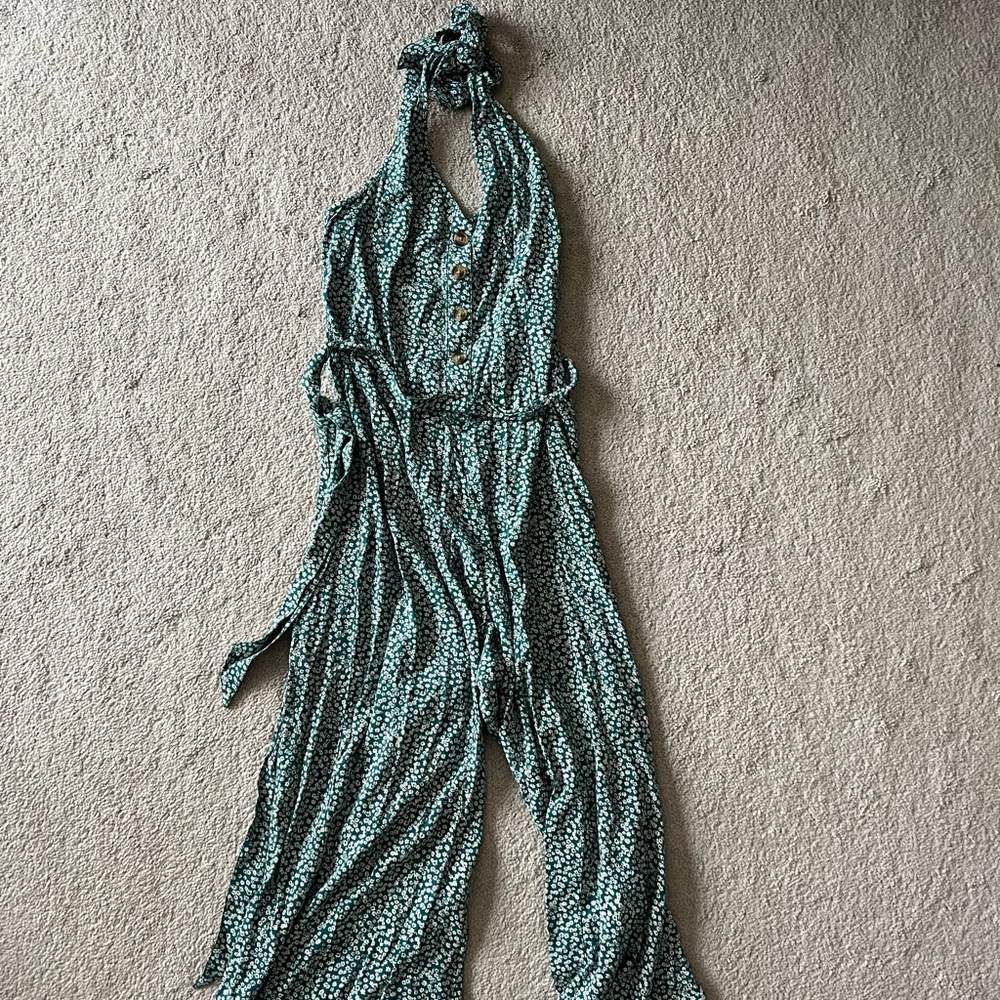Floral halter neck button down jumpsuit